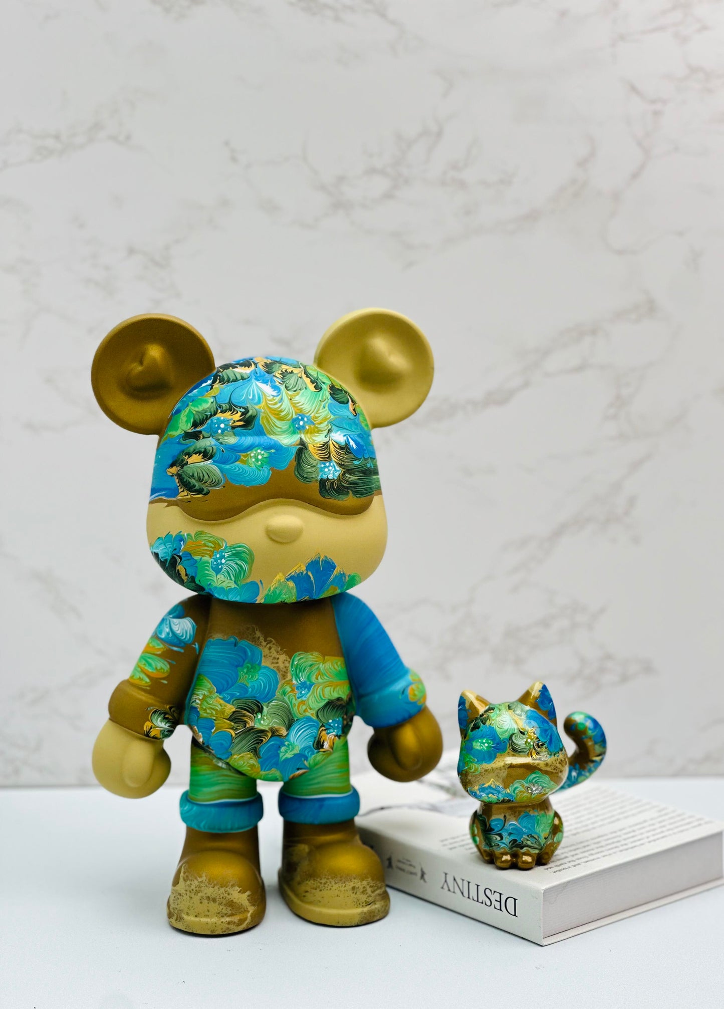 「Flowing Art」Abstract Ink-Splatter Bear & Cat Figurine Set